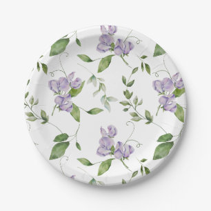 Watercolor Purple Sweet Pea Flowers Paper Plate