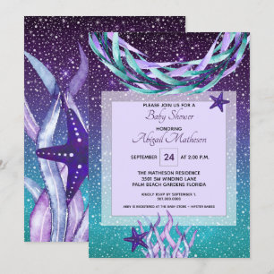 Watercolor Purple + Teal Under The Sea Baby Shower Invitation