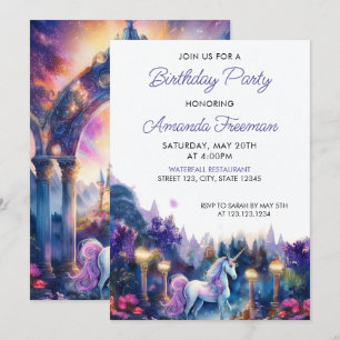 Watercolor Purple Unicorn Girly 6th Birthday Invitation