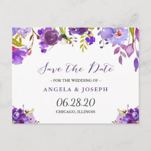 Watercolor Purple Violet Floral Save the Date Announcement Postcard