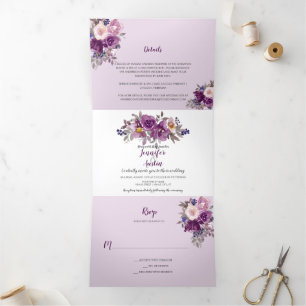Watercolor Purple Violet Floral Wedding   Tri-Fold Invitation