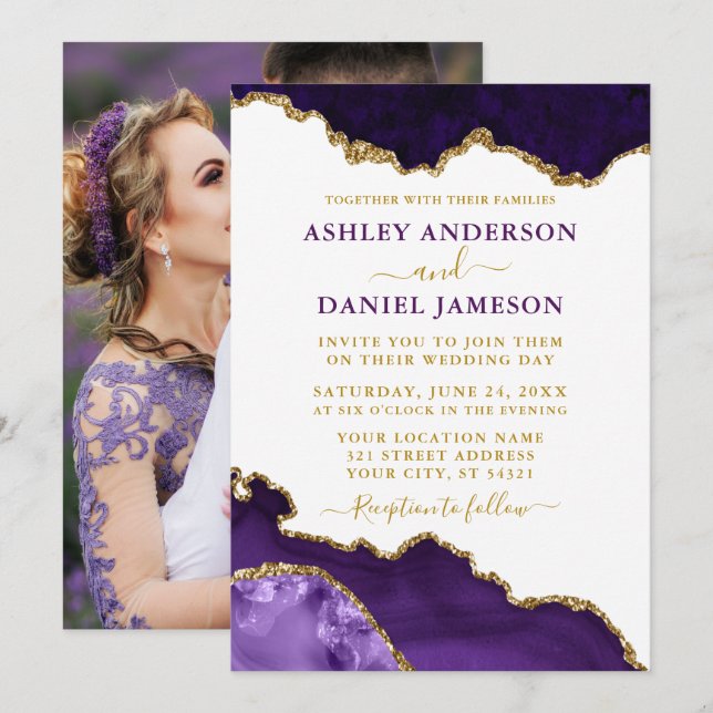 Watercolor Purple Violet Gold Marble Geode Photo Invitation (Front/Back)