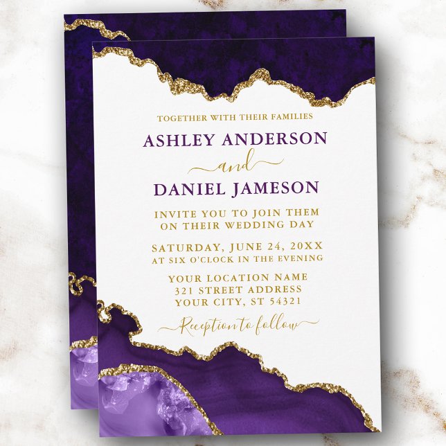 Watercolor Purple Violet Gold Marble Geode Wedding Invitation (Customize to change text size, color or text style.)