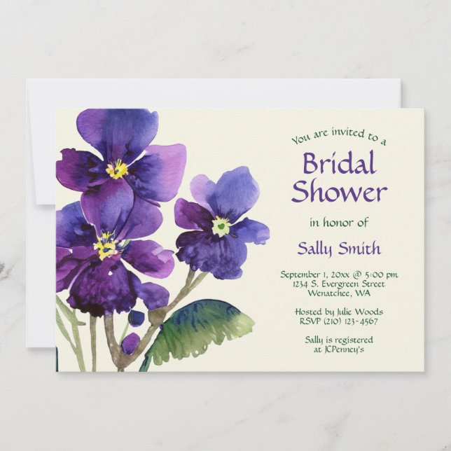 Watercolor Purple Violets Bridal Shower Invitation (Front)