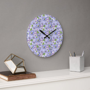 Watercolor Purple Violets & Floral Pattern Large Clock
