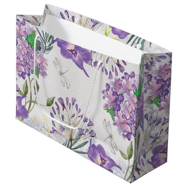 Watercolor Purple Violets Hydrangeas Dragonfly Large Gift Bag (Front Angled)