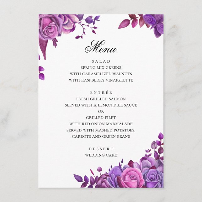 Watercolor purple wedding. Romantic lavender Menu (Front)