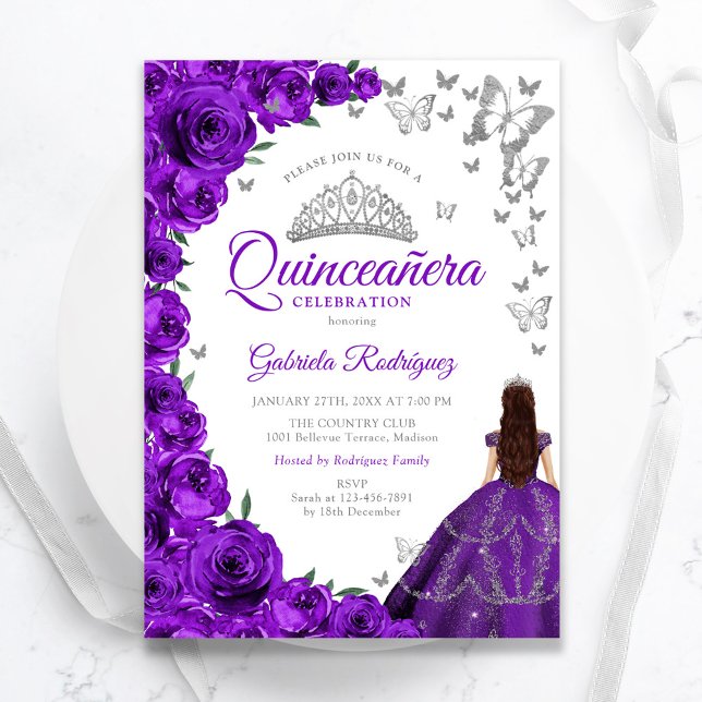 Watercolor Purple White Silver Floral Quinceanera Invitation (Creator Uploaded)