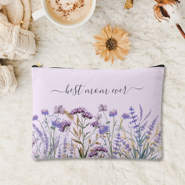 Watercolor Purple Wildflower Meadow Accessory Pouch (In situ, on rug)