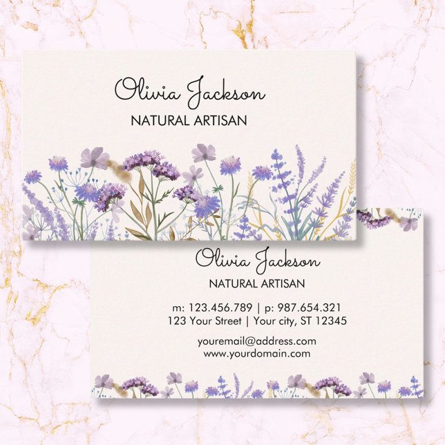 Watercolor Purple Wildflower Meadow Business Card (Front and Back)