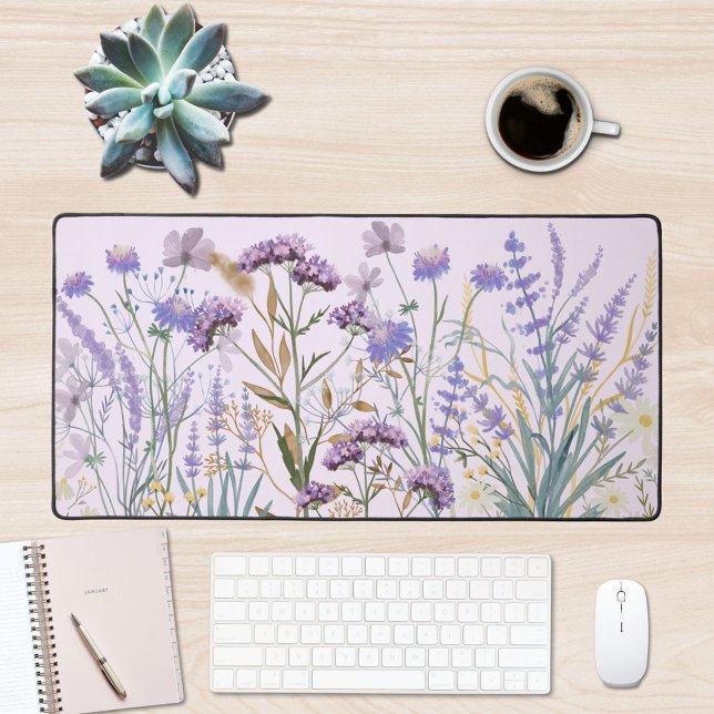 Watercolor Purple Wildflower Meadow Quote Desk Mat (In situ office desk)