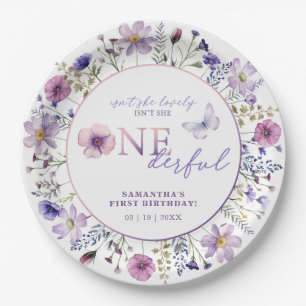 Watercolor Purple Wildflower Onederful Birthday Paper Plate