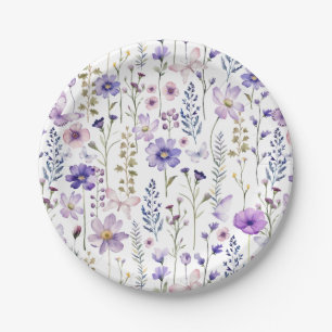 Watercolor Purple Wildflowers 1st Birthday Paper Plate