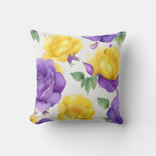 Watercolor Purple Yellow Rose  Throw Pillow