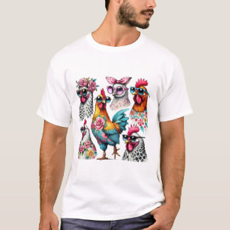 Watercolor Quirky Chickens with Sunglasses T-Shirt