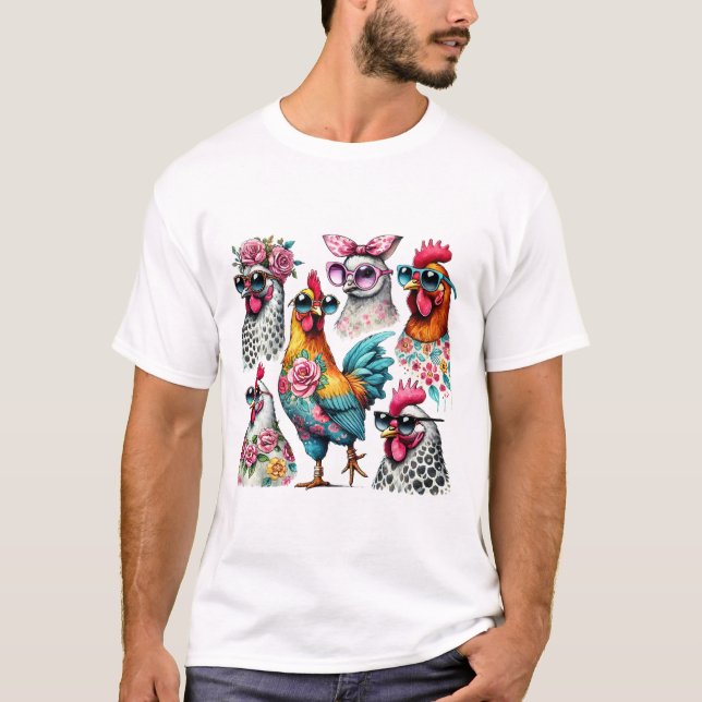 Watercolor Quirky Chickens with Sunglasses T-Shirt (Front)