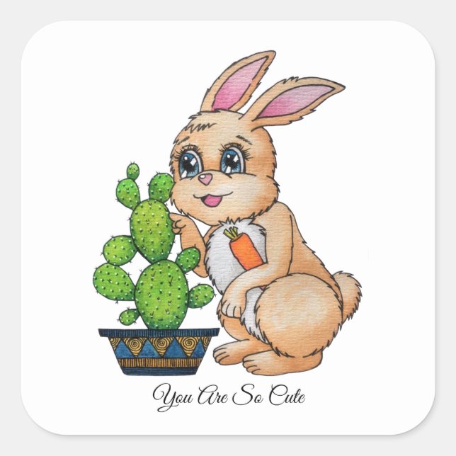 Watercolor Rabbit And Cute Cactus Square Sticker (Front)