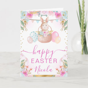 Watercolor Rabbit and Flowers Happy Easter Card