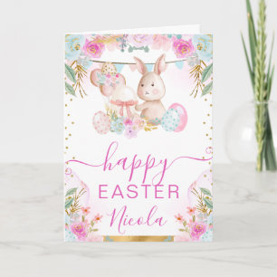 Watercolor Rabbit and Flowers Happy Easter Card