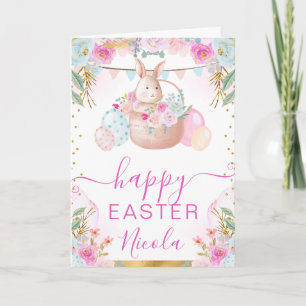 Watercolor Rabbit and Flowers Happy Easter Card