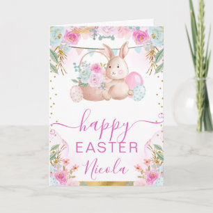 Watercolor Rabbit and Flowers Happy Easter Card