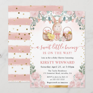 Watercolor Rabbit and Pink Flowers Baby Shower Invitation