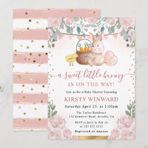 Watercolor Rabbit and Pink Flowers Baby Shower Invitation