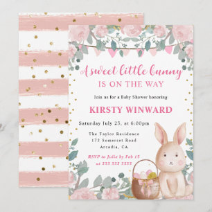 Watercolor Rabbit and Pink Flowers Baby Shower Invitation