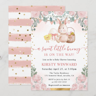 Watercolor Rabbit and Pink Flowers Baby Shower Invitation