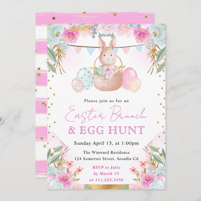 Watercolor Rabbit and Spring Flowers Easter Invitation (Front/Back)