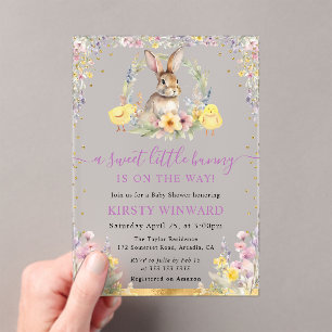 Watercolor Rabbit and Wildflowers Baby Shower Acrylic Invitations