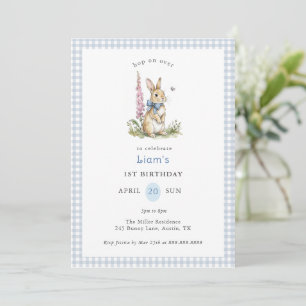 Watercolor Rabbit blue Gingham boy 1st Birthday  Invitation