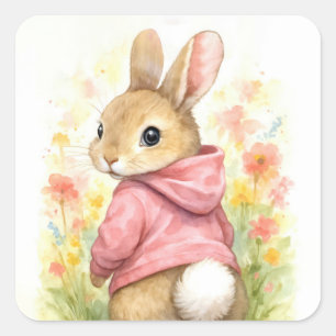 Watercolor Rabbit in a Pink Hoodie Square Sticker