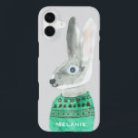 Watercolor Rabbit in Sweater Grey Personalised iPhone 16 Plus Case<br><div class="desc">Trendy bunny in sweater art on custom colour background.</div>