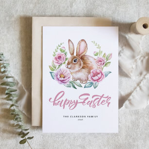 Watercolor Rabbit Pink Floral Wreath Happy Easter Holiday Card