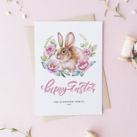 Watercolor Rabbit Pink Floral Wreath Happy Easter