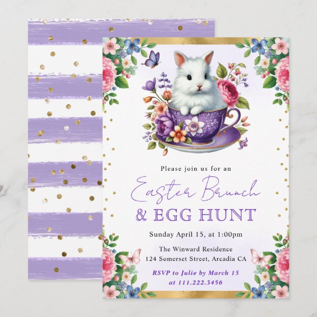 Watercolor Rabbit Spring Flowers Easter Brunch Invitation (Front/Back)