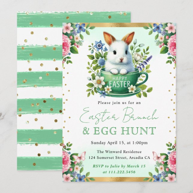 Watercolor Rabbit Spring Flowers Easter Brunch Invitation (Front/Back)