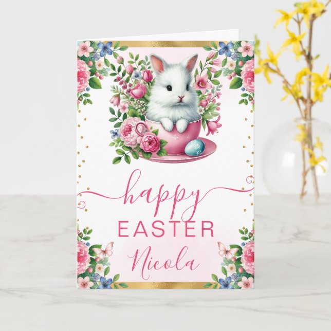 Watercolor Rabbit Spring Flowers Happy Easter Card (Yellow Flower)