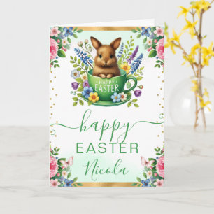 Watercolor Rabbit Spring Flowers Happy Easter Card