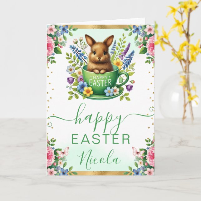 Watercolor Rabbit Spring Flowers Happy Easter Card (Yellow Flower)