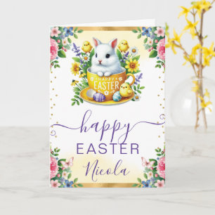 Watercolor Rabbit Spring Flowers Happy Easter Card