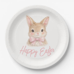 Watercolor Rabbit with Pink Bow  Cute Easter Bunny Paper Plate