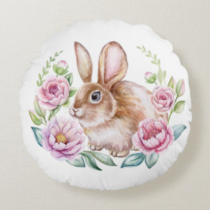 Watercolor Rabbit with Pink Floral Wreath Easter Round Pillow