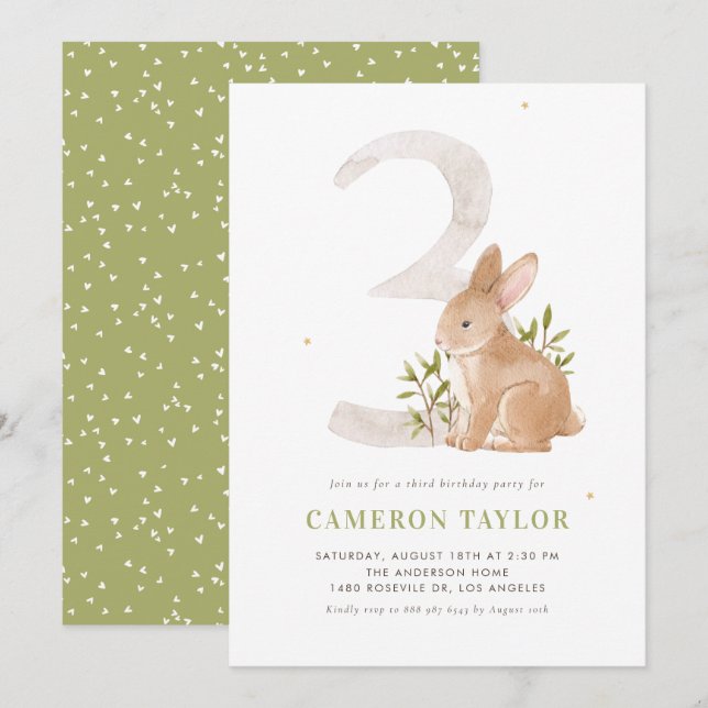 Watercolor Rabbit Woodland Third Birthday Party Invitation (Front/Back)