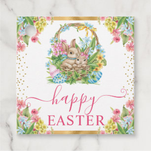 Watercolor Rabbits and Eggs Basket Floral Easter Favour Tags