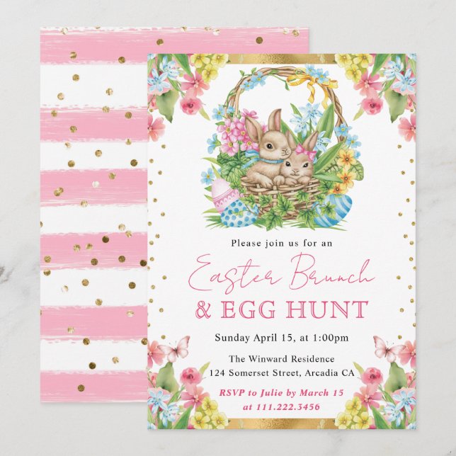 Watercolor Rabbits Spring Easter Brunch Invitation (Front/Back)