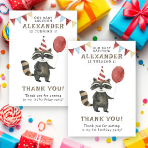 Watercolor Raccoon 1st Birthday  Thank You Card