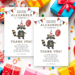Watercolor Raccoon 1st Birthday Thank You Card