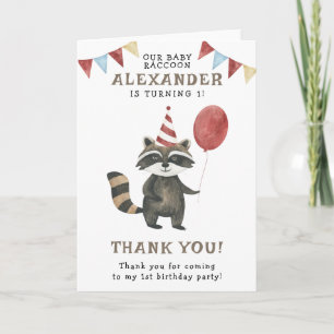 Watercolor Raccoon 1st Birthday Thank You Card